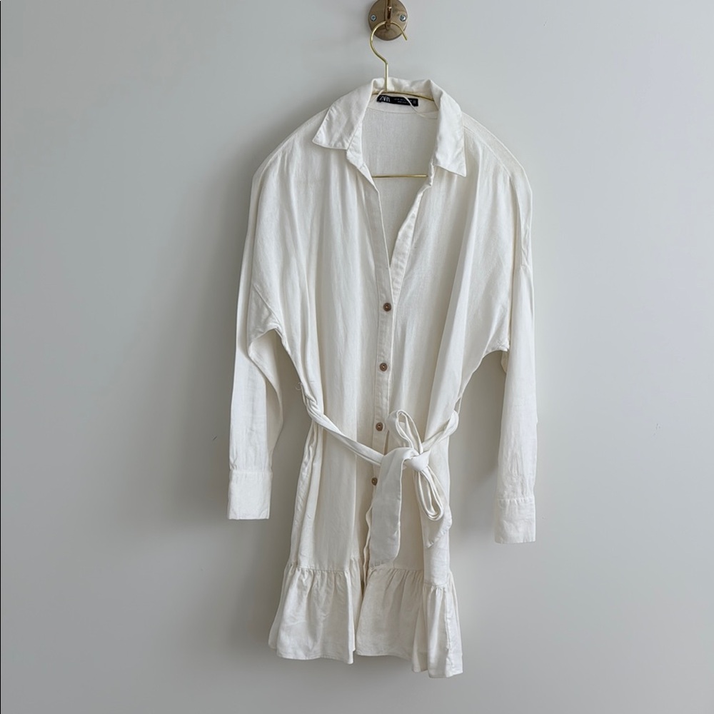 Zara White Button-Up Shirt Linen Dress with Belt